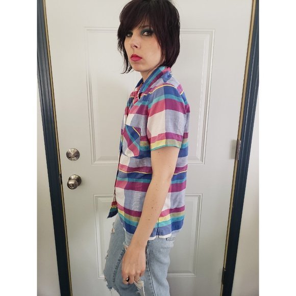 80s Plaid Ladies Button Down Blouse - Picture 2 of 4